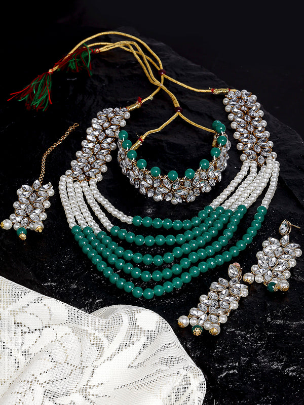 Gold-Plated & Green Kundan-Studded & Pearl Beaded Antique Jewellery Set Combo