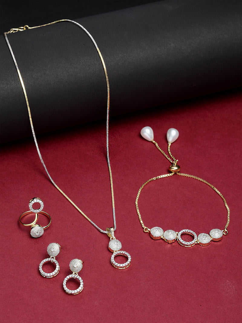 White & Gold-Plated Oval Shaped American Diamond Studded Jewellery Set Combo