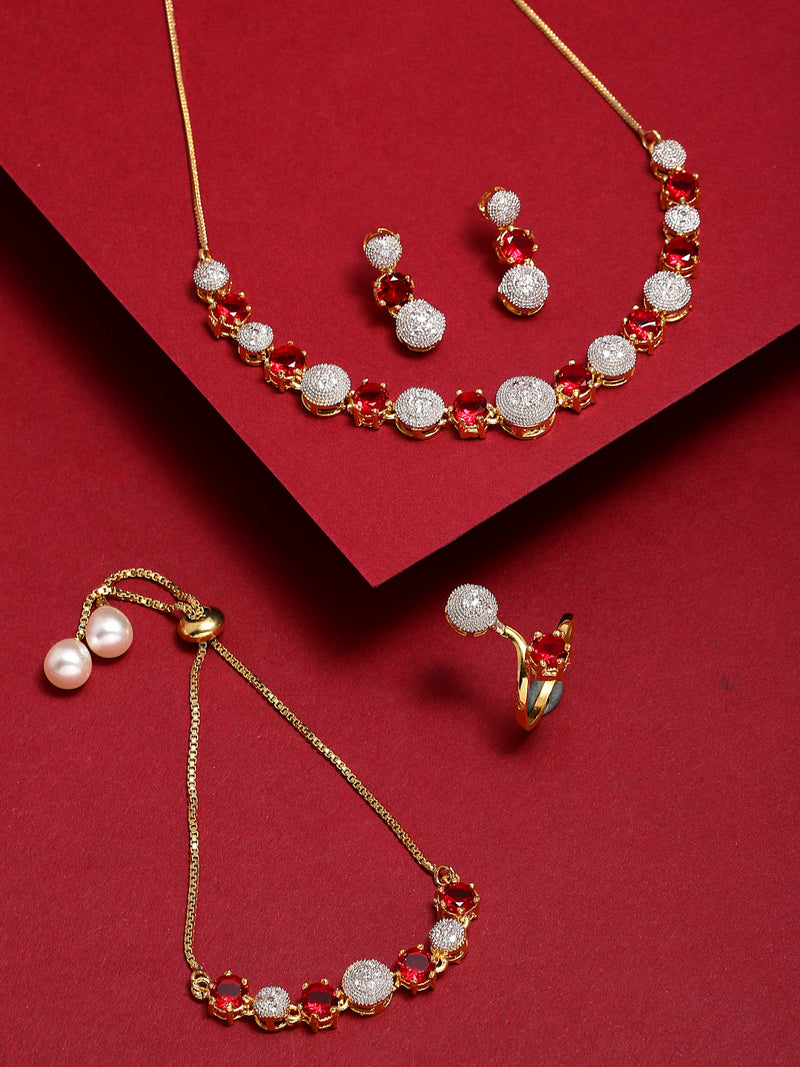 Gold-Plated Red & White American Diamond-Studded Jewellery Set Combo