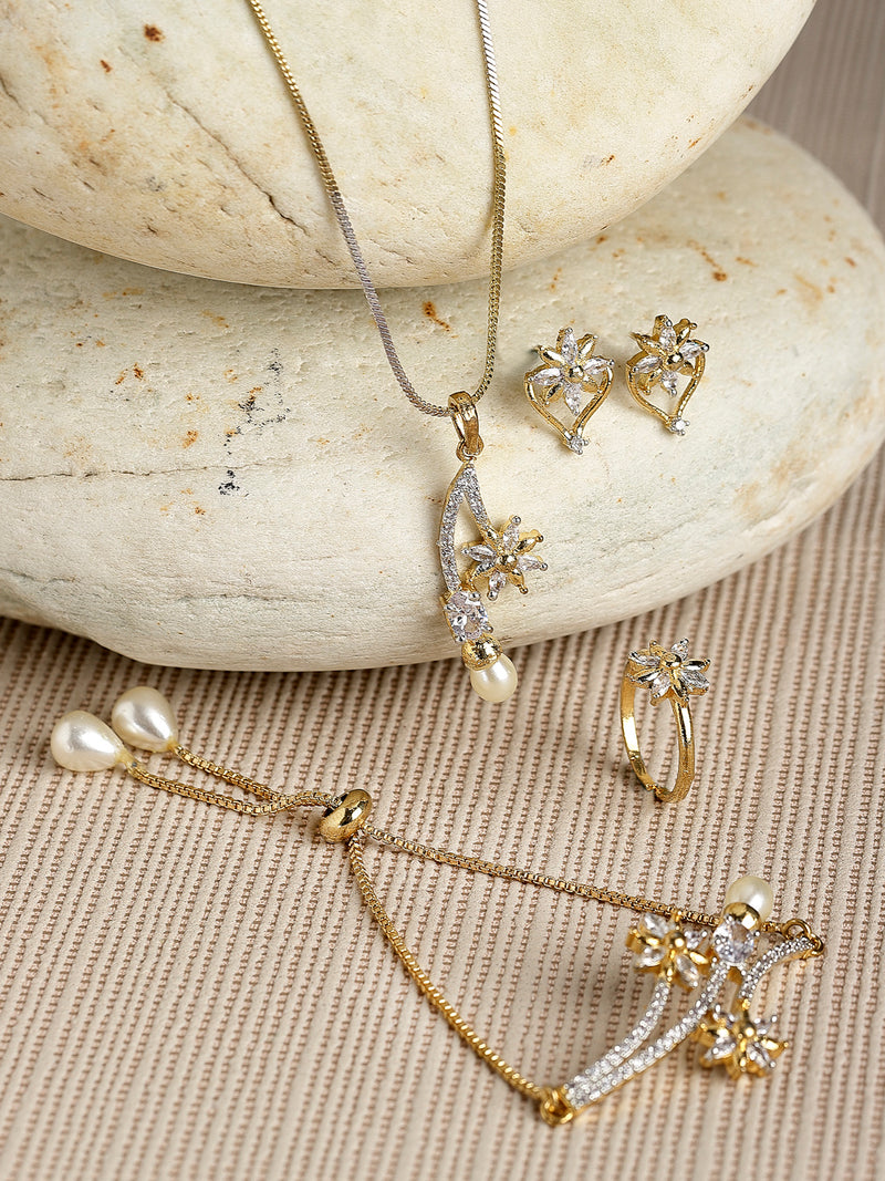 Flower & Leaf shape Gold-Plated White Cubic Zirconia Stone-Studded Jewellery Set Combo