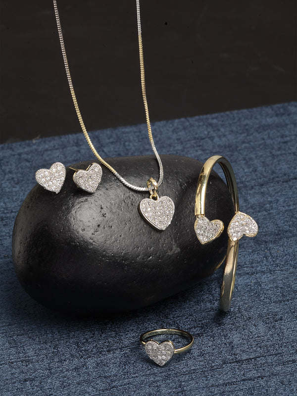 Heart Shaped Gold-Toned & American Diamond Studded Heart Shaped Jewellery Set Combo