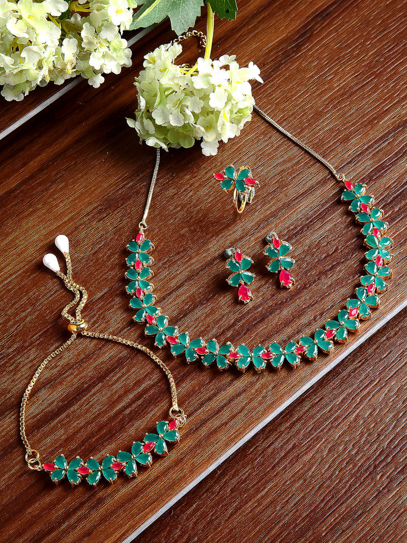 Sea Green & Red Flower Shaped Gold-Plated American Diamond Studded Jewellery Set Combo