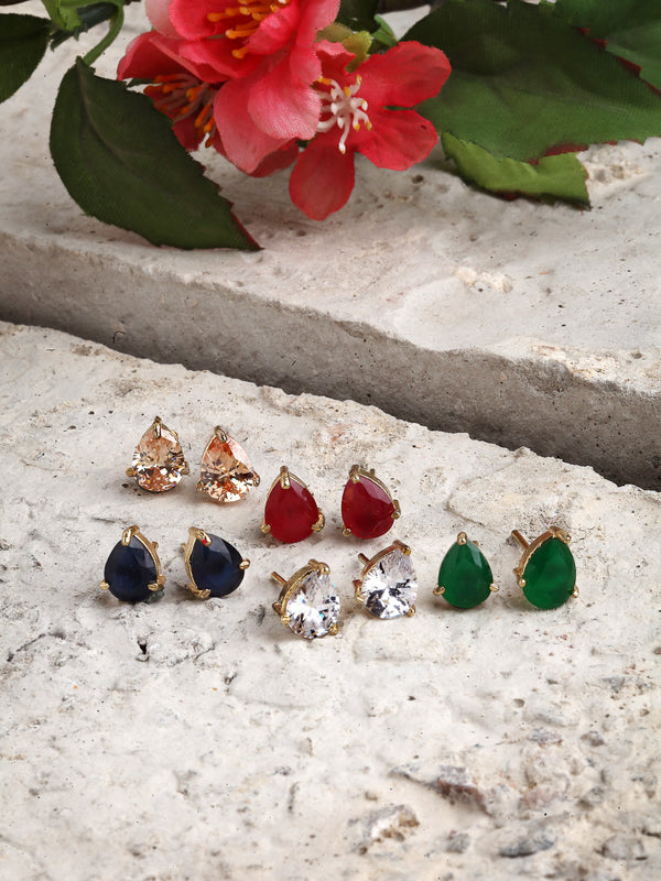 Gold-Plated Red, Green, Blue and White Teardrop Shaped Studs Earrings