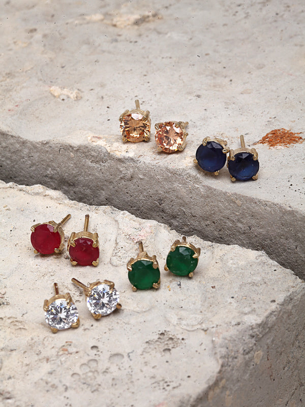 Green, Silver, Yellow, Blue & Red Square Princess Shaped Studs Earrings