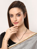 ZENEME Gold-Plated & White AD-Studded & Beaded Oval Shaped Mangalsutra