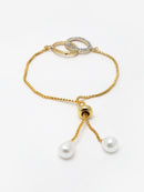 ZENEME Gold-Plated & White AD-Studded & Beaded Oval Shaped Mangalsutra