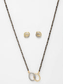 ZENEME Gold-Plated & White AD-Studded & Beaded Oval Shaped Mangalsutra