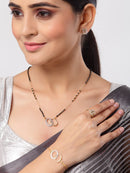 ZENEME Gold-Plated & White AD-Studded & Beaded Oval Shaped Mangalsutra