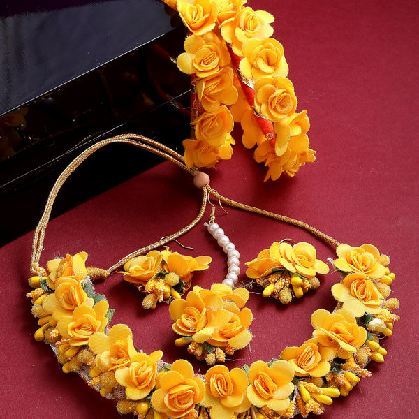 Gold Plated Yellow Floral Haldi Jewellery Set Combo