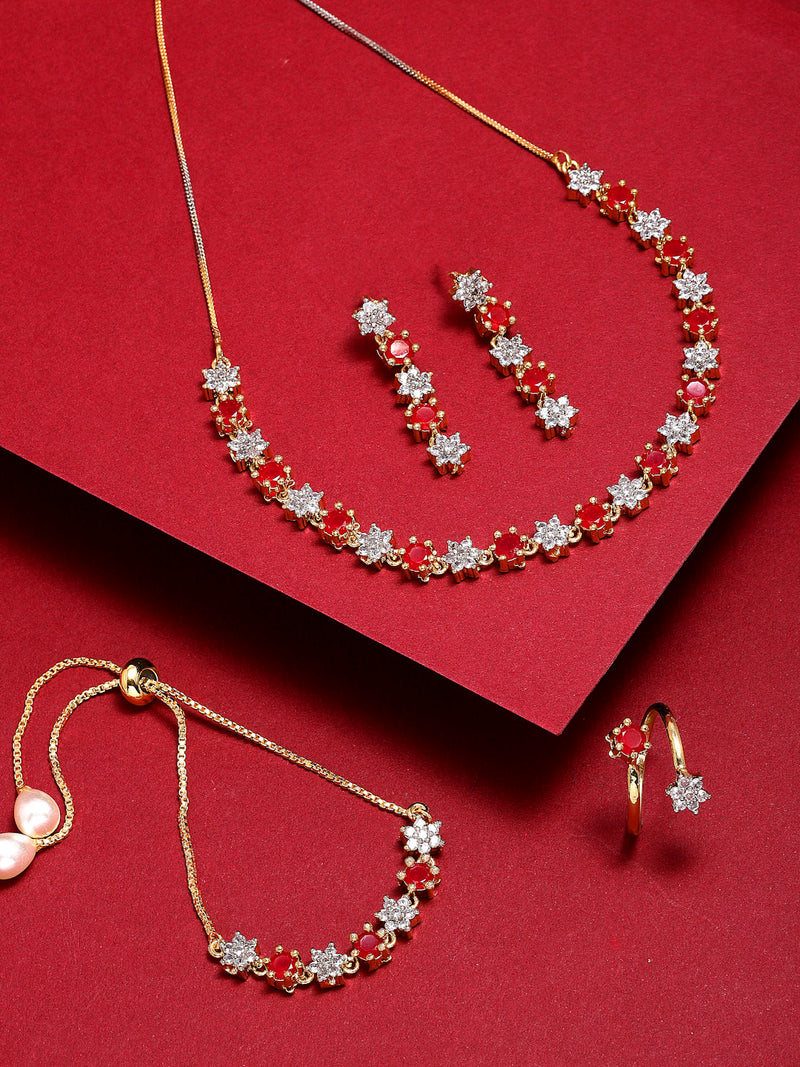 Gold-Plated Red & White American Diamond-Studded Jewellery Set Combo