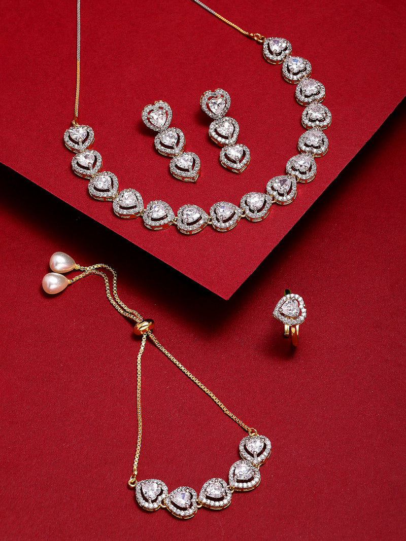 Heart Shaped Gold-Plated White American Diamond-Studded Jewellery Set Combo