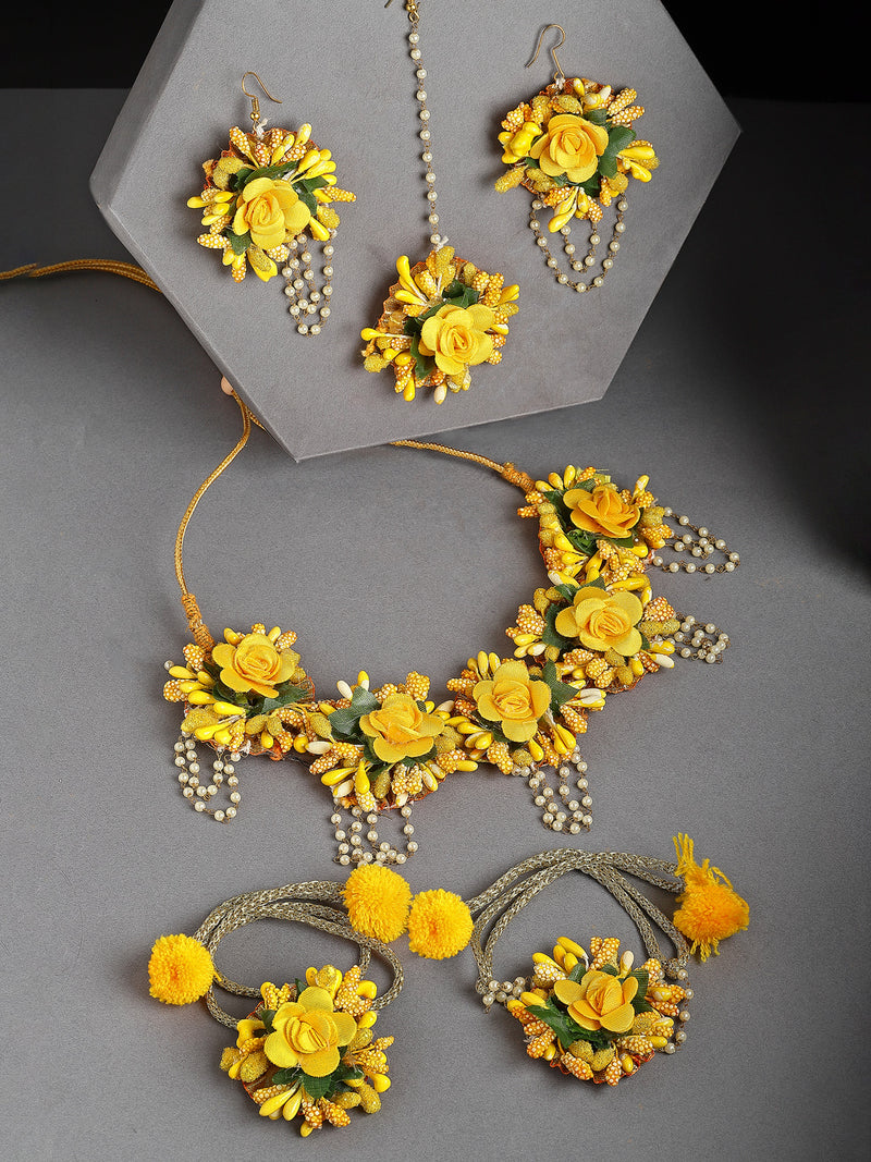 Gold-Plated & Yellow Flower & Pearl-Beaded Flower Jewellery Set Combo