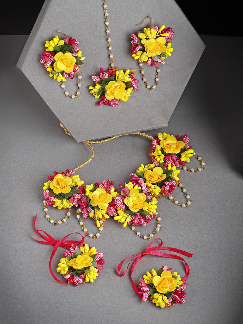 Yellow & Pink Flower Jewellery Set Combo
