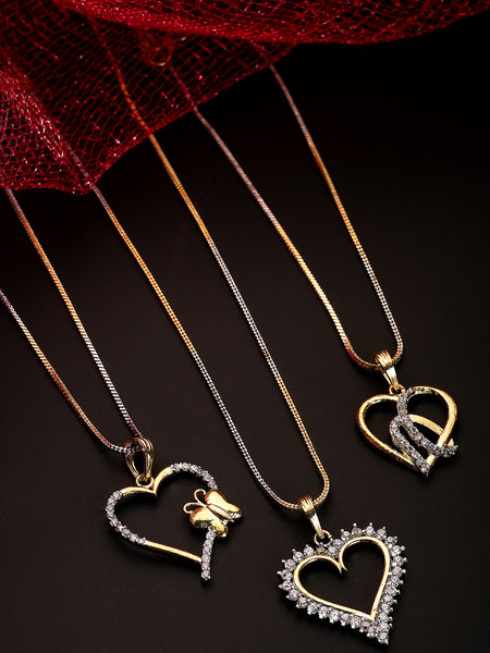 Pack Of 3 Gold-Plated CZ Studded Pendants & Chain