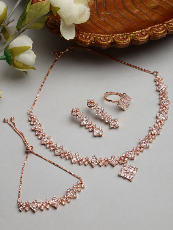 Square Shaped Rose Gold-Plated White American Diamond Studded Jewellery Set Combo