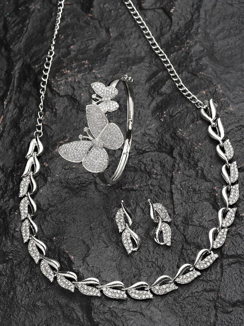 Leaf Design Silver-Toned Stone-Studded Rhodium-Plated Jewellery Set Combo