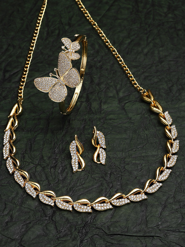 Gold-Plated Cubic Zirconia Stone-Studded Necklace & American Diamond Studded Bracelete Jewellery Set Combo