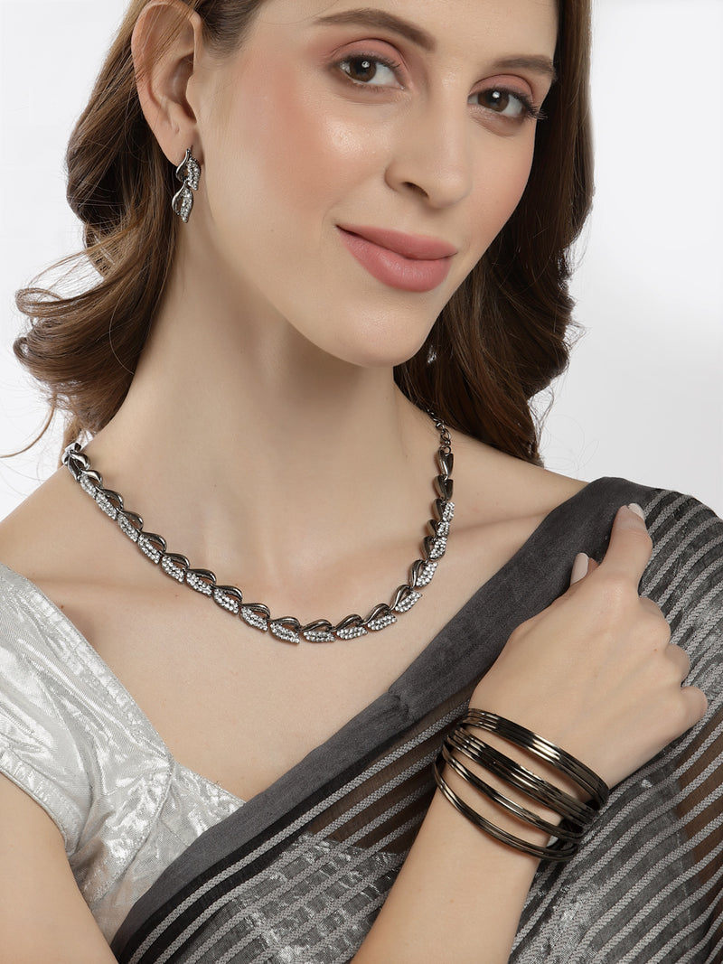 Rhodium-Plated with Oxidized Black-Toned Cubic Zirconia Studded Jewellery Set Combo