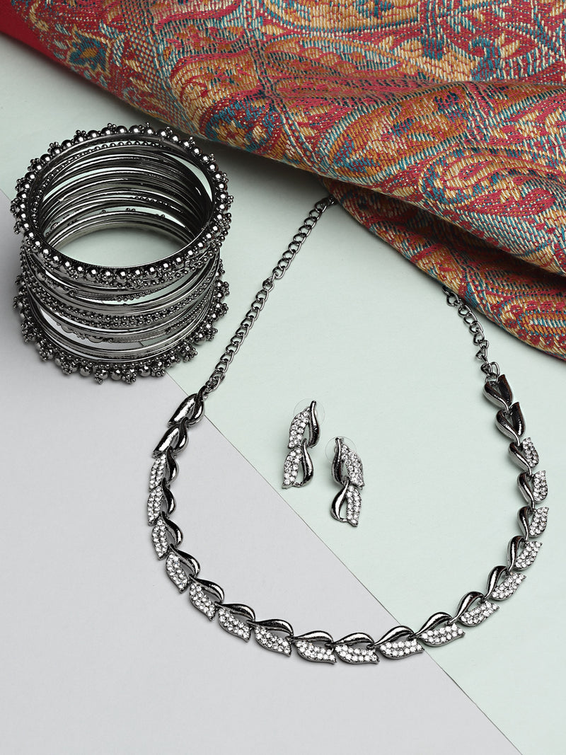 Rhodium-Plated with Oxidised Black-Tone  Cubic Zirconia Stone Studded Jewellery Set Combo