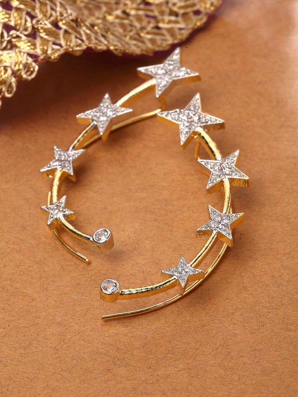 Star Shaped Gold-Plated White Contemporary American Diamond Crystal Studded Ear Cuff Earrings