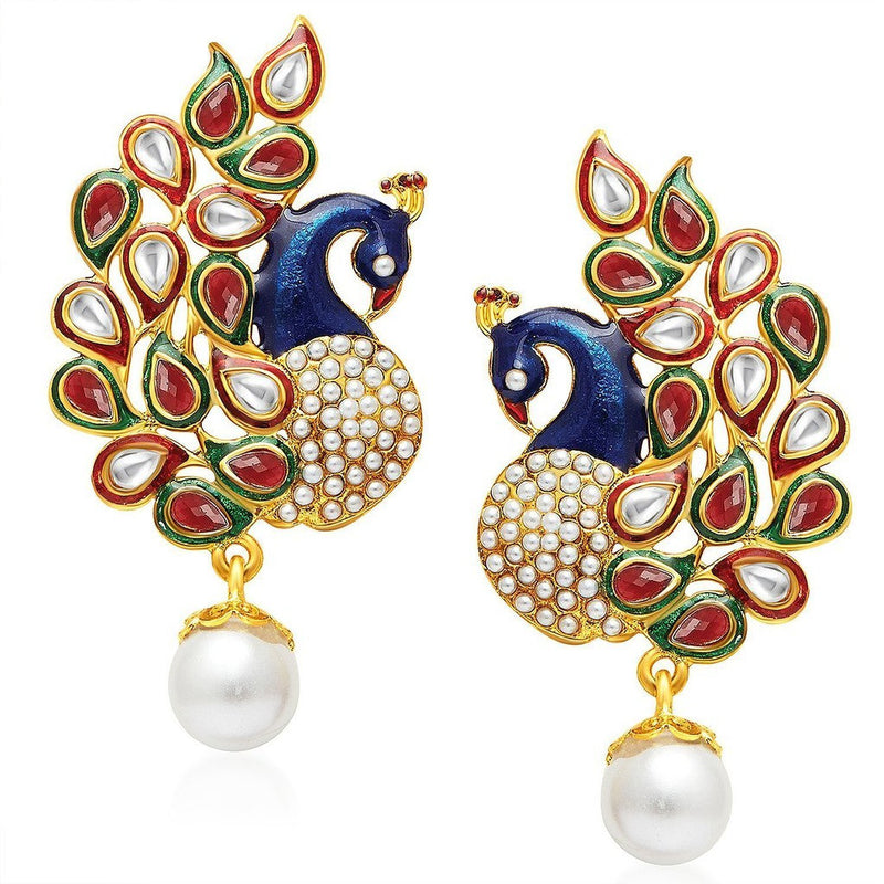 Peacock Gold Plated Glorious Pearl & Kundan Meenakari Dangle Earring Wedding Jewellery