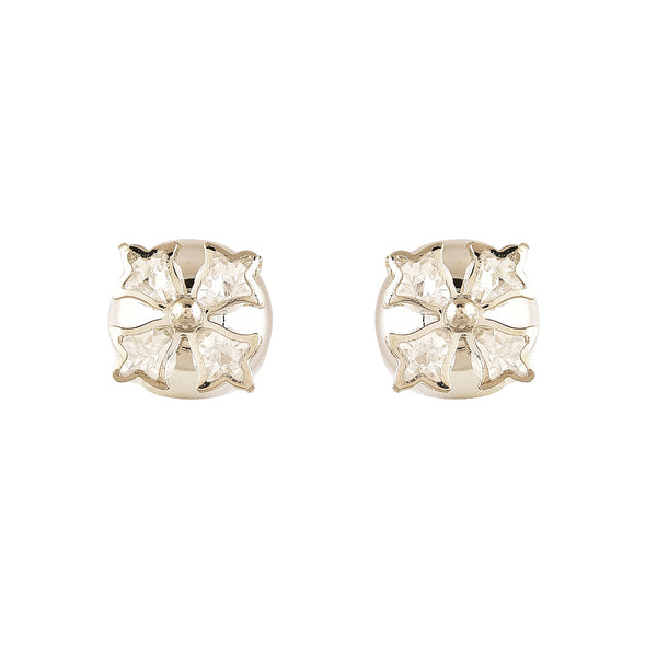 Flower Shaped Gold Plated Brass American Diamond Designer Drop Pearl Stud Earrings Jewellery