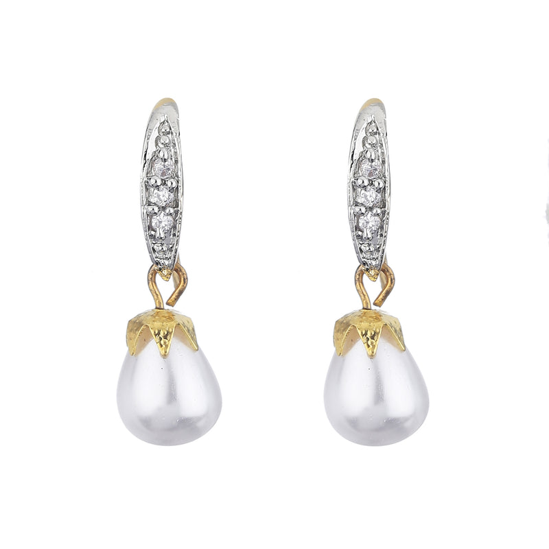 Gold Plated American Diamond Studded Fish Hook Drop Pearl Earring Jewellery