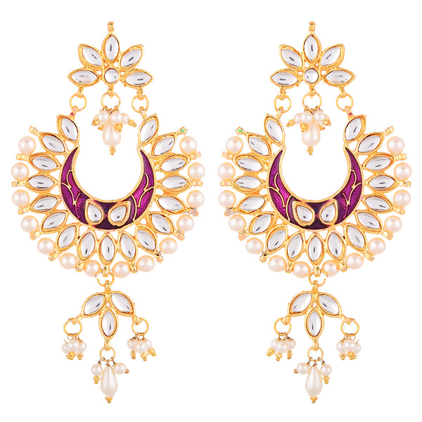 Gold Plated Brass Kundan Pearl Studded Designer Purple Chandbali Jhumka Earring