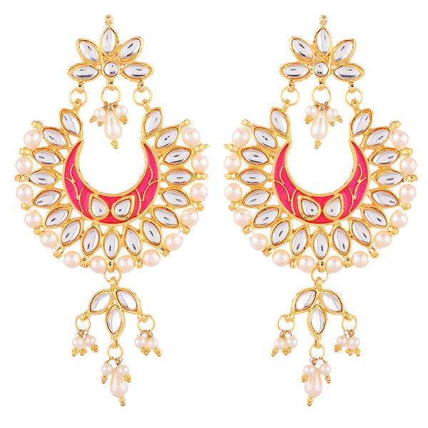 Gold Plated Brass Kundan Pearl Studded Designer Pink Chandbali Jhumka Earring
