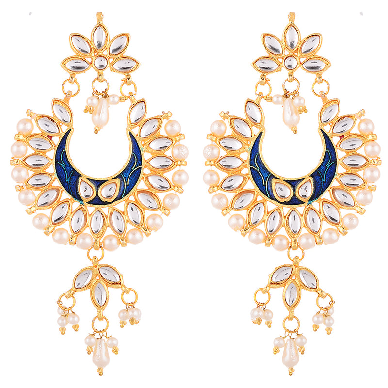 Gold Plated Brass Kundan Pearl Studded Designer Blue Chandbali Jhumka Earring