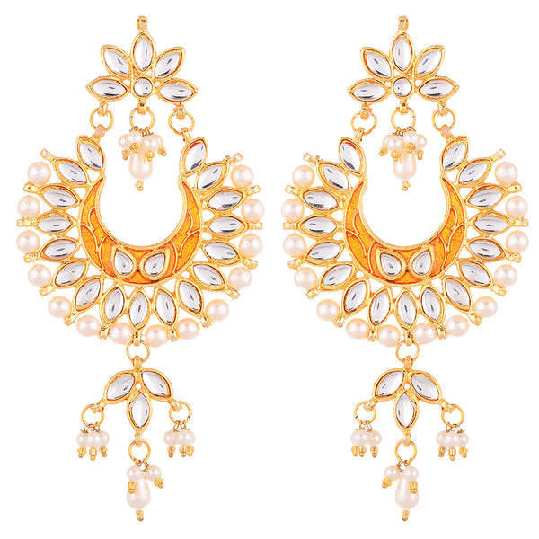 Gold Plated Brass Kundan Pearl Studded Designer Orange Chandbali Jhumka Earring