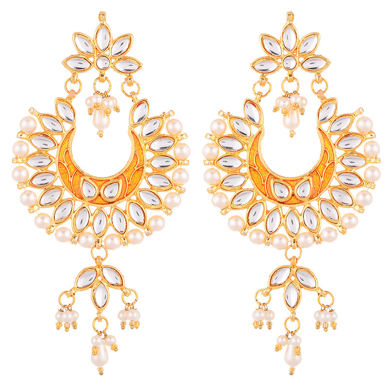 Gold Plated Brass Kundan Pearl Studded Designer Orange Chandbali Jhumka Earring