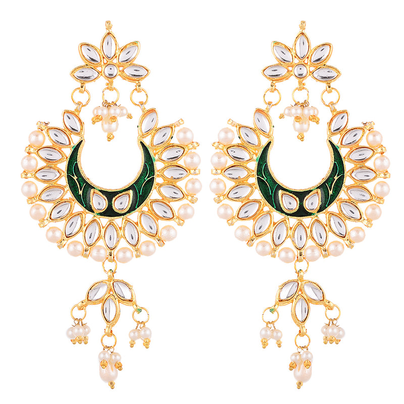 Gold Plated Brass Kundan Pearl Studded Designer Green Chandbali Jhumka Earring
