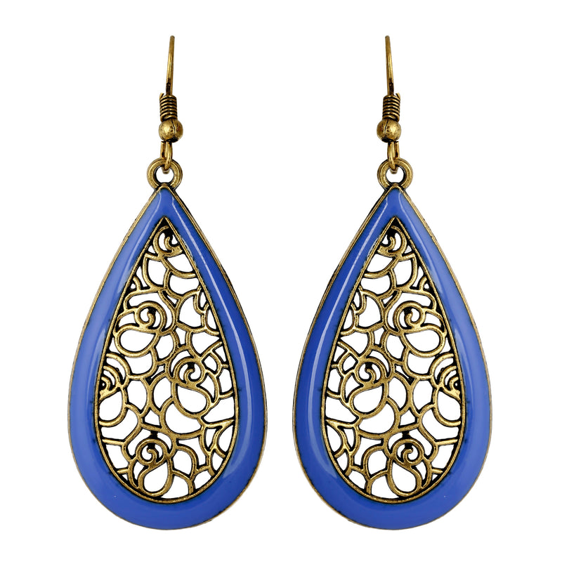 Teardrop Shaped Oxidized Gold Plated Blue  Fish Hook Earring Jewellery