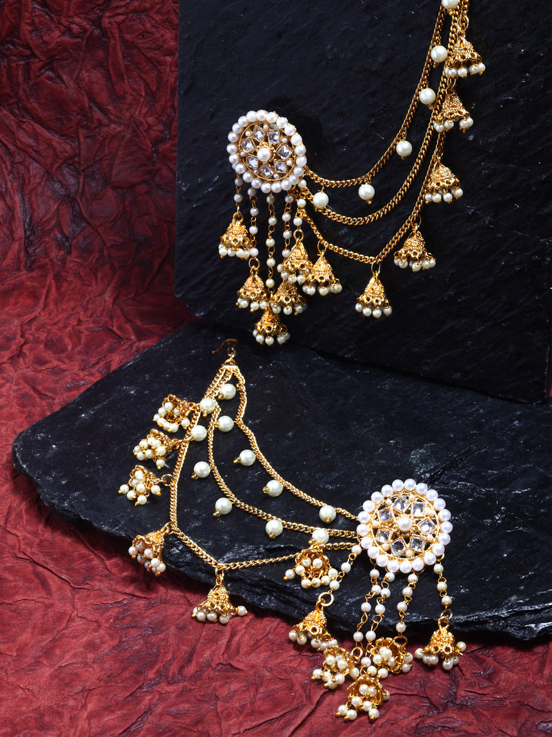 Traditional Bahubali Style Off White Circular Shaped Gold-Plated Drop Earrings With Ear Chain