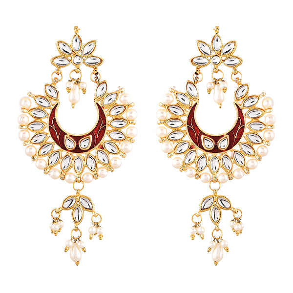 Gold Plated Brass Kundan Pearl Studded Designer Red Chandbali Jhumka Earring Jewellery