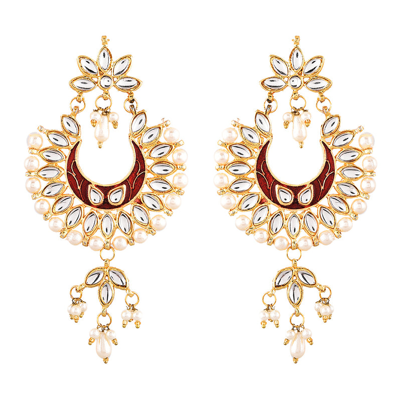 Gold Plated Brass Kundan Pearl Studded Designer Red Chandbali Jhumka Earring Jewellery