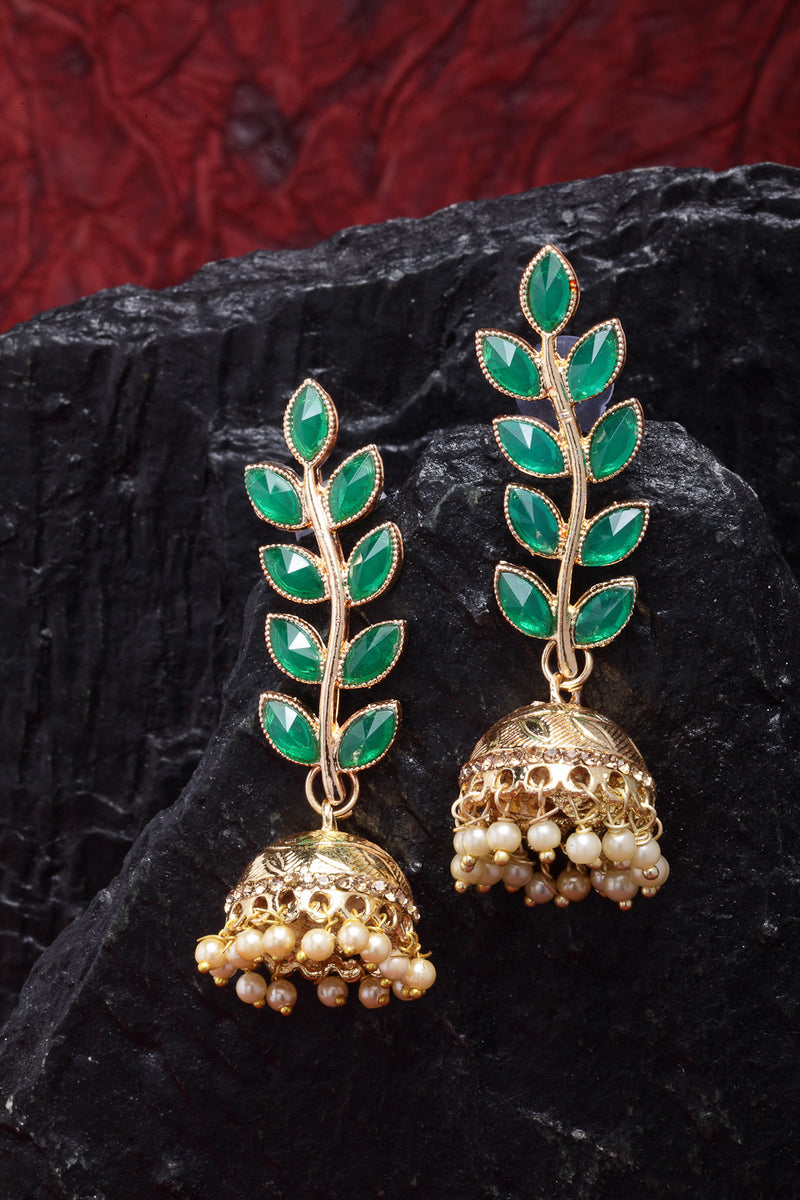 Green Antique Leaf Shaped Gold-Plated Jhumka Earrings