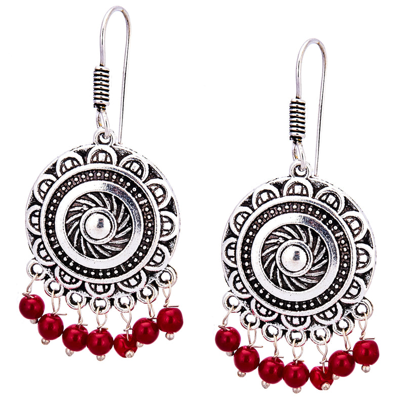 Oxidized Silver Round Earring Drop Red Beads Jewellery For Girl And Women