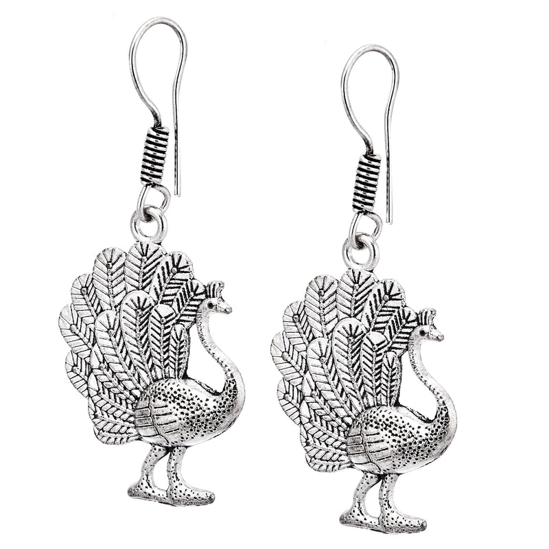 Peacock Oxidized Silver Designer Kashmiri Tribal Long Dangle  Earrings Jewellery For Girl And Women