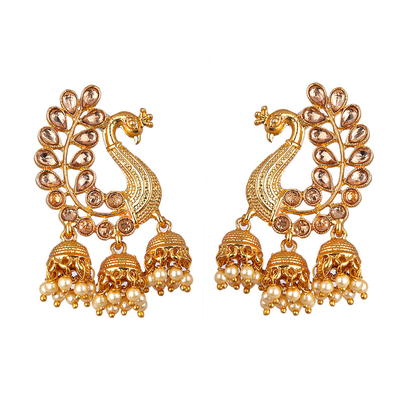 Traditional Gold Plated Zinc Alloy  South Indian Temple Ethnic Pearl Peacock Dangle Moti Jhumka Earring Jewellery