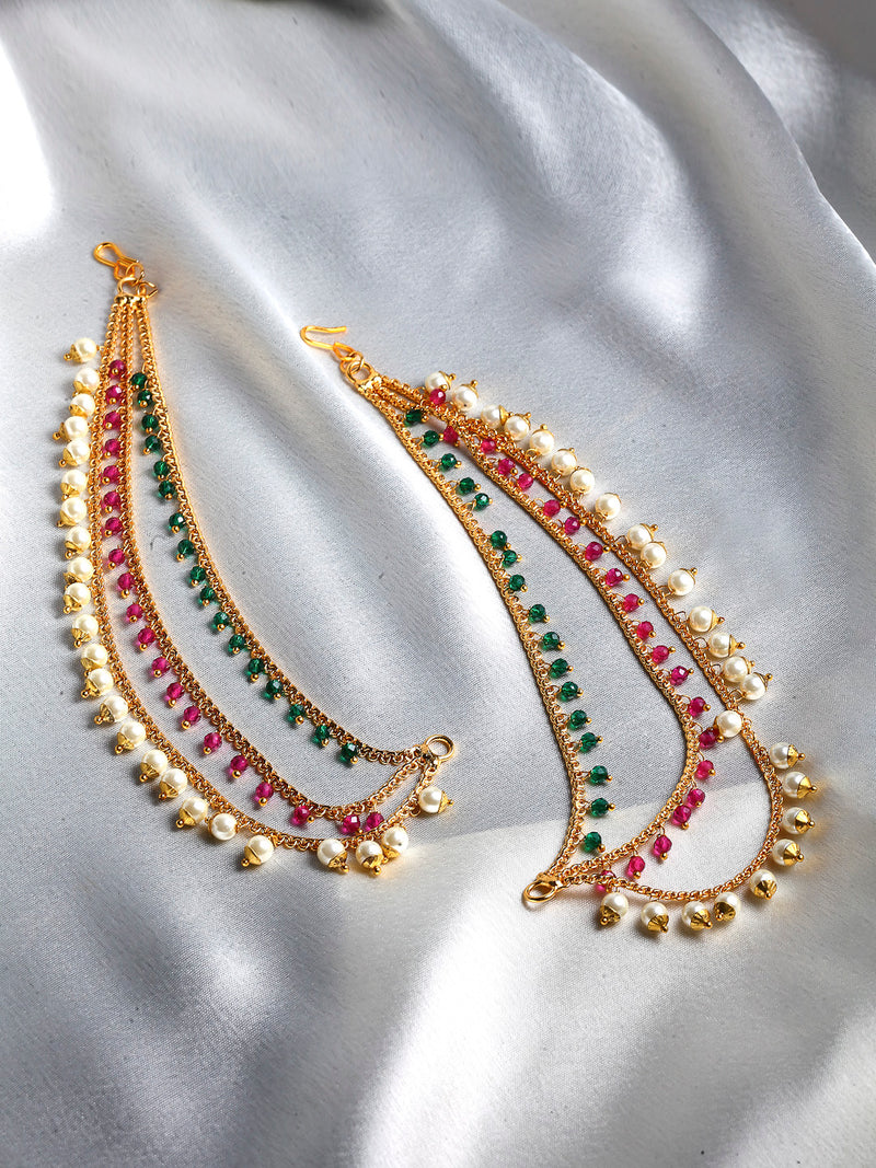 Set of 2 Multicoloured Stone-Studded Floral Shaped Gold-Plated Ear Chain