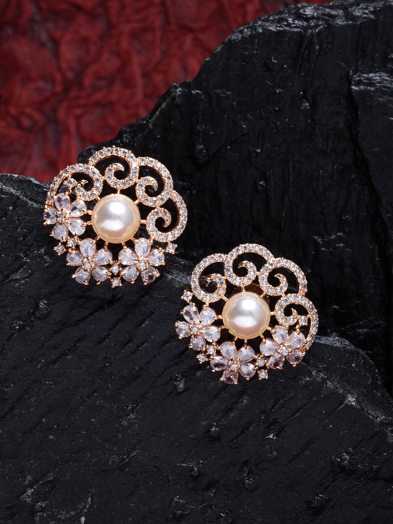Rose Gold-Plated & White Floral Shaped Studs Earrings