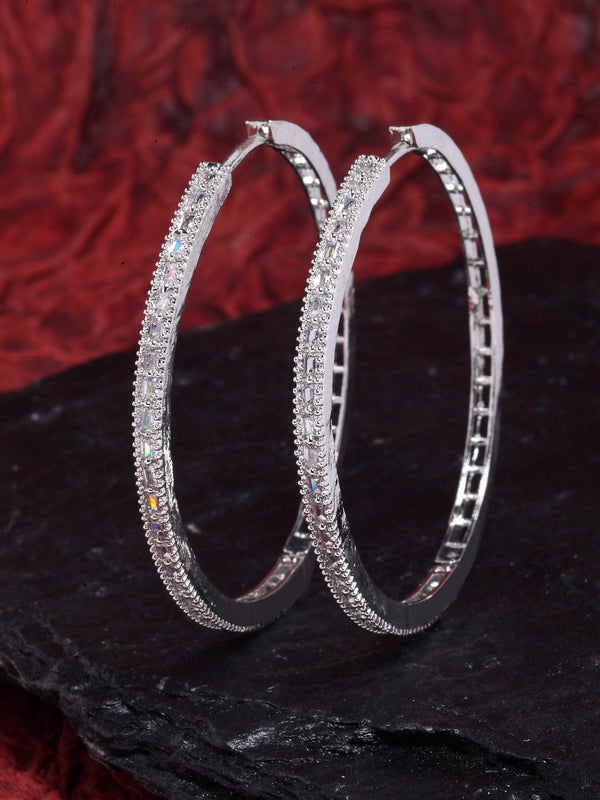 Rhodium-Plated with Silver-Tone American Diamond Circular Hoop Earrings