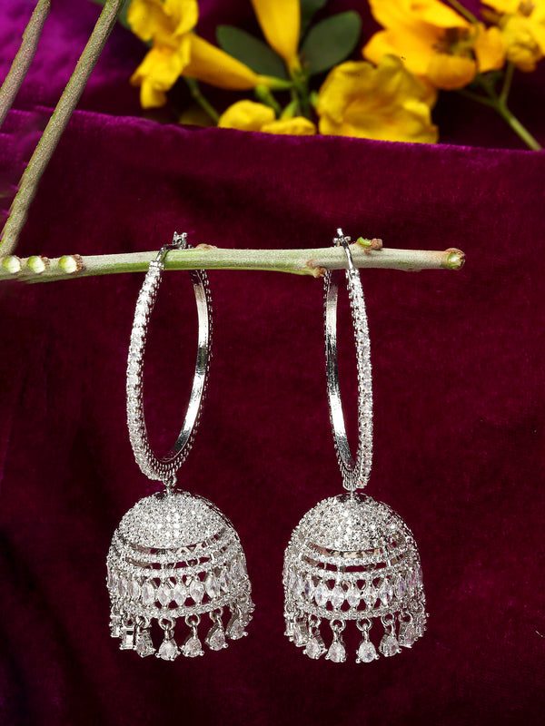 Rhodium-Plated with Silver-Tone Dome Shaped American Diamond Jhumkas Earrings