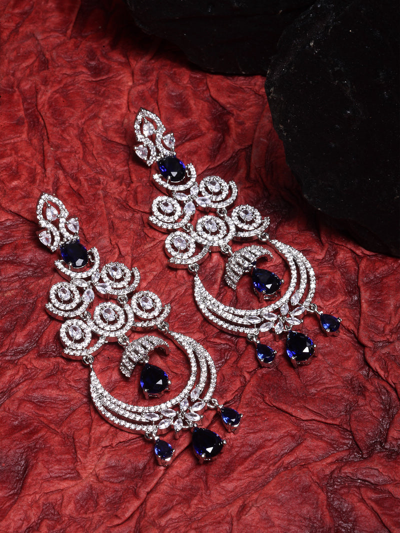 Blue & White Rhodium-Plated with Silver-Tone American Diamond Crescent Shaped Drop Earrings
