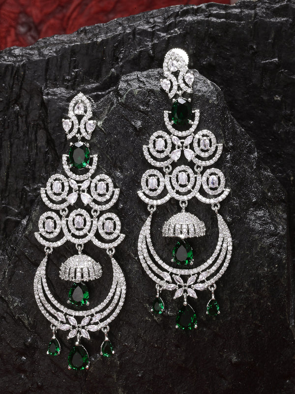 Green & White Rhodium-Plated with Silver-Tone American Diamond Chandelier Earrings