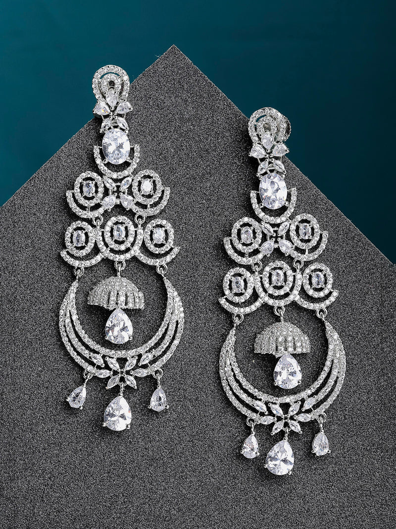 White Rhodium-Plated with Silver-Tone American Diamond Chandelier Earrings