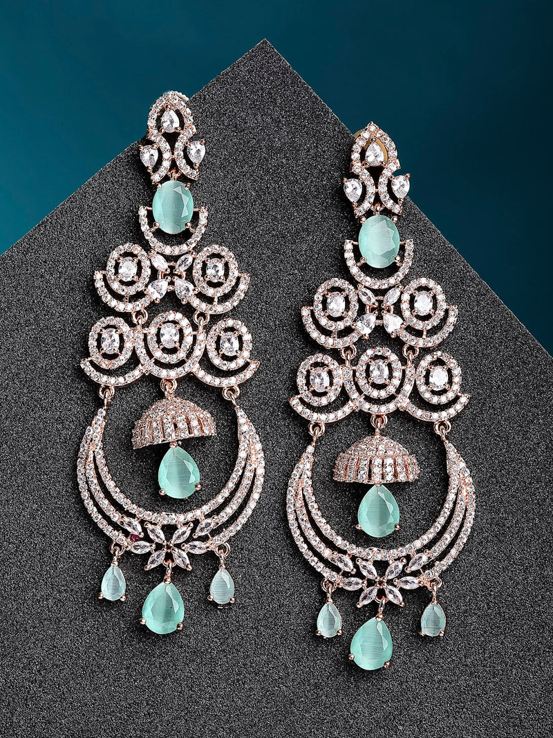 Sea Green American Diamond with Rose Gold-Plated Contemporary Chandbalis Earrings