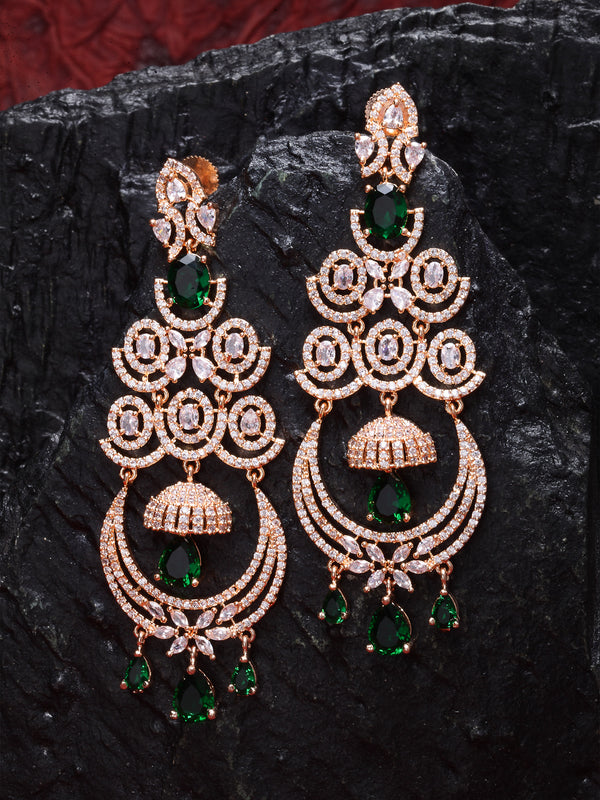 Green American Diamond with Rose Gold-Plated Contemporary Chandbalis Earrings